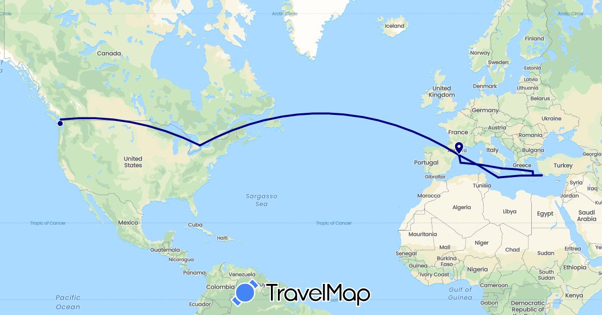 TravelMap itinerary: driving in Canada, Spain, Greece, Italy, Malta (Europe, North America)